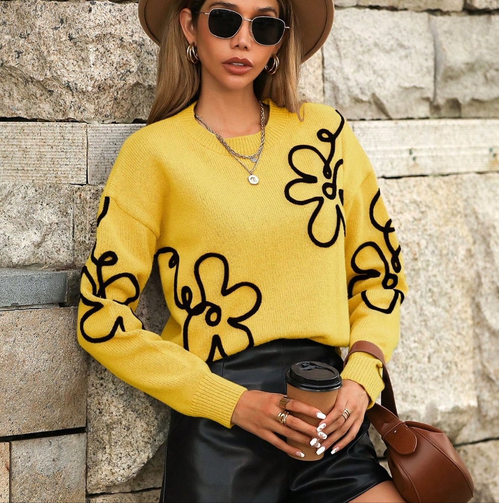 Floral Pattern Drop Shoulder Sweater - Picture 3 of 7